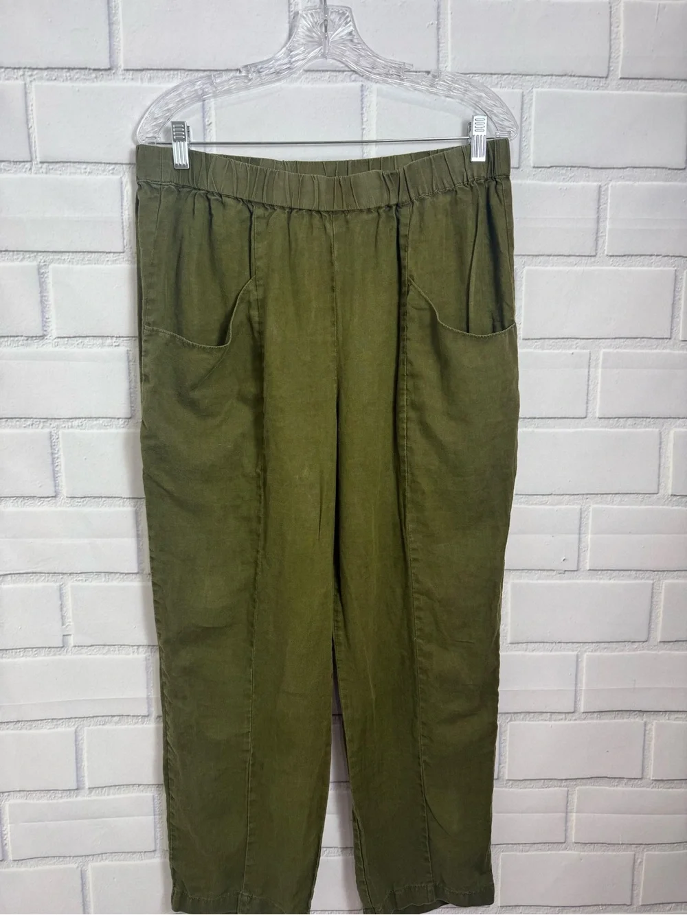 Quince Women’s Olive Green 100% Linen Pull-On Pants minimalist quiet luxury/L